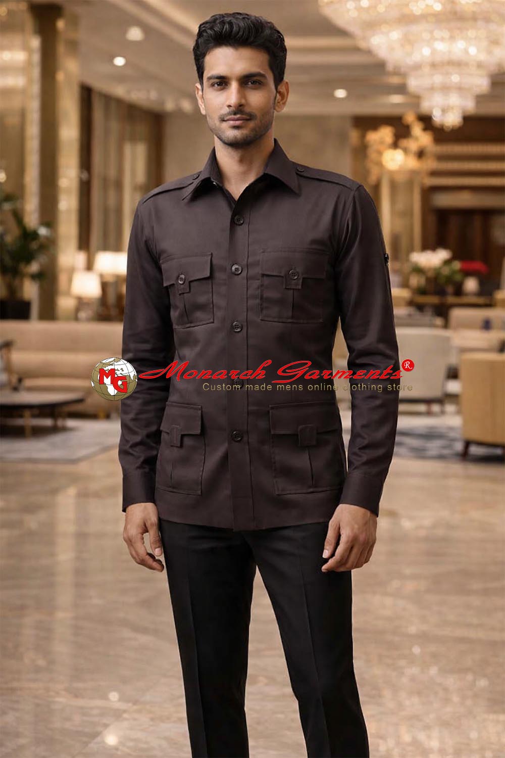 Brown cotton safari shirt for men multi pocket casual utility wear India