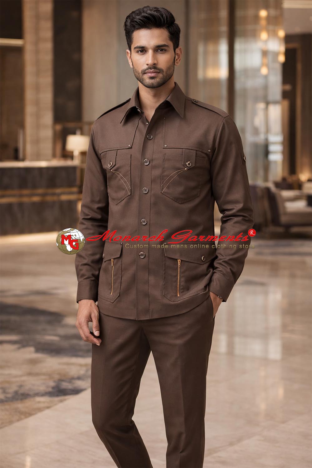 Brown cotton safari shirt for men slim fit multi pocket utility style India