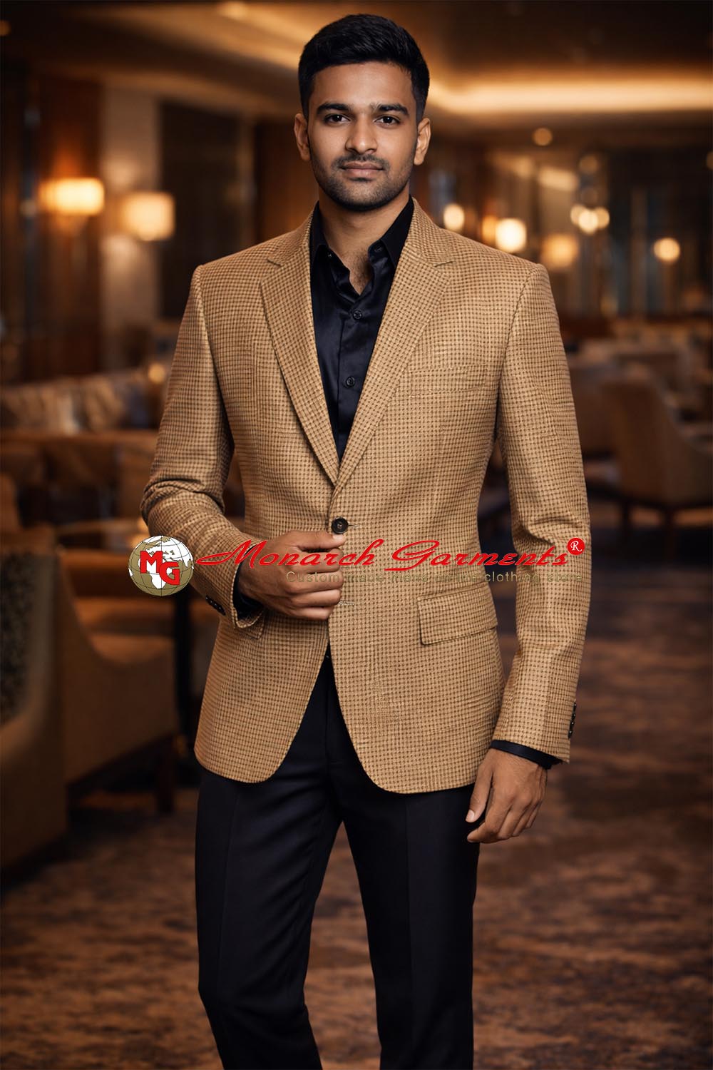 Men's brown designer check slim fit two button blazer by Monarch Garments