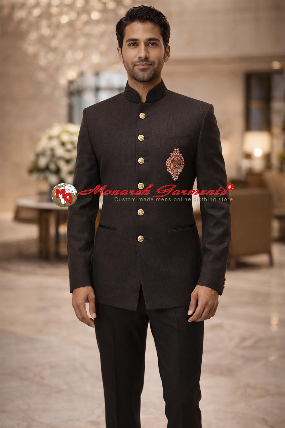 Brown designer embroidered Jodhpuri bandhgala suit for men with collar work and chest embroidery, luxury Indian wedding outfit by Monarch Garments