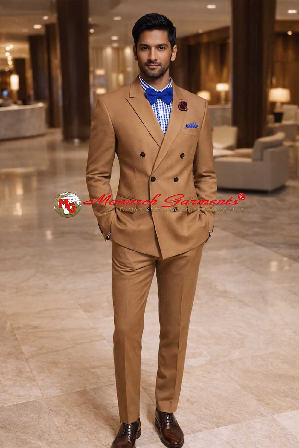 Brown double breasted peak lapel suit for men slim fit formal wedding wear India
