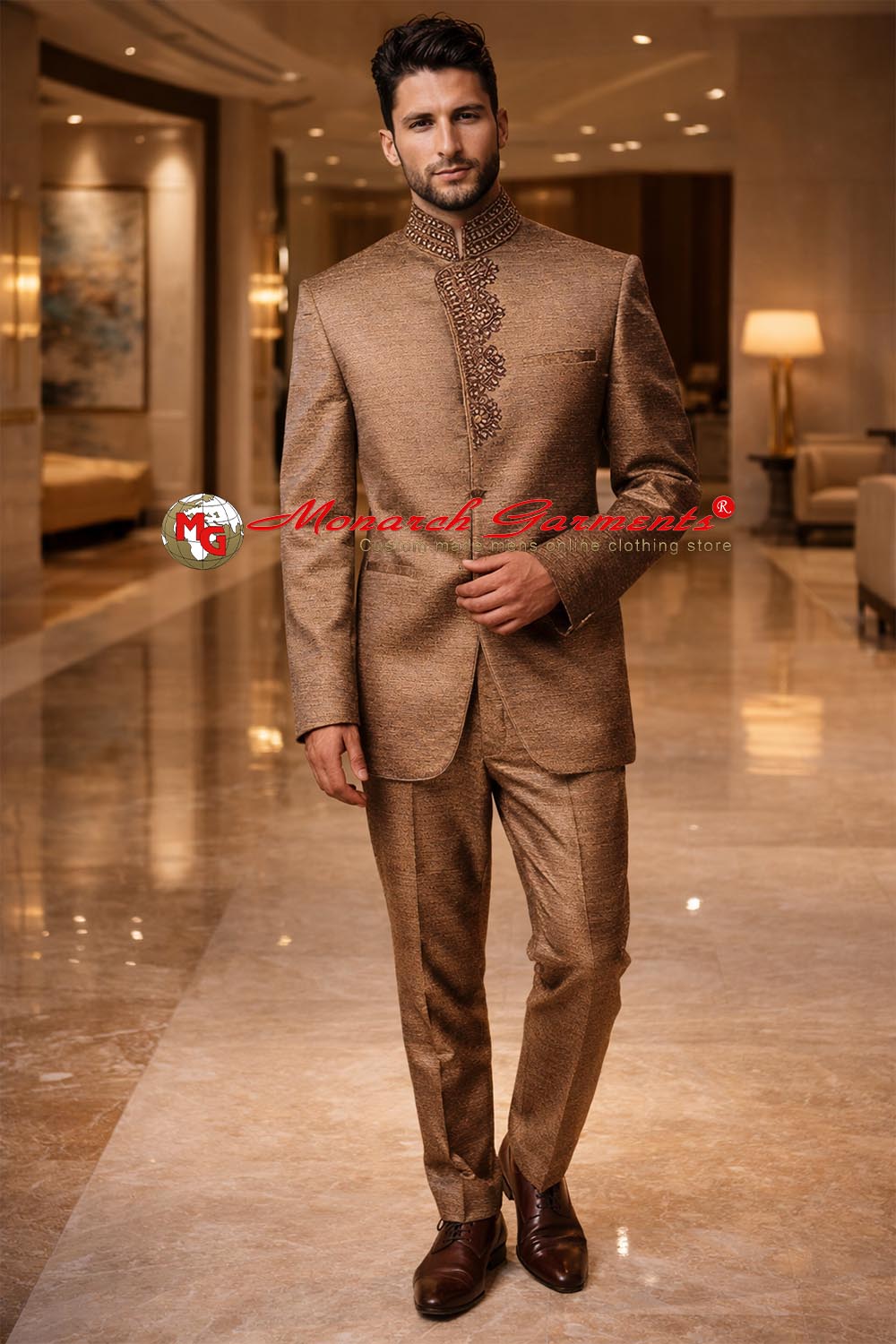 Brown dupion silk designer Jodhpuri suit with embroidered Nehru collar and matching trousers by Monarch Garments