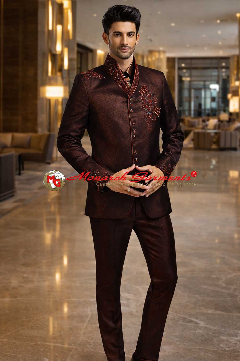 Brown embroidered tuxedo suit for men slim fit high neck wedding wear