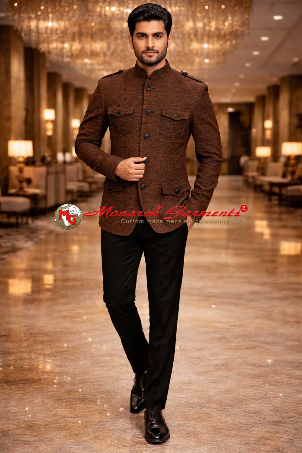 Brown jute velvet safari style Jodhpuri suit with epaulettes and black trousers for men by Monarch Garments India
