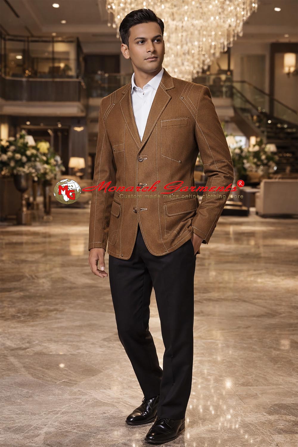 Brown linen blazer for men with designer thread work slim fit summer blazer