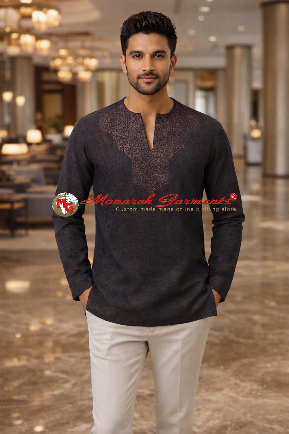 Brown linen embroidered short kurta for men V neck ethnic summer wear India