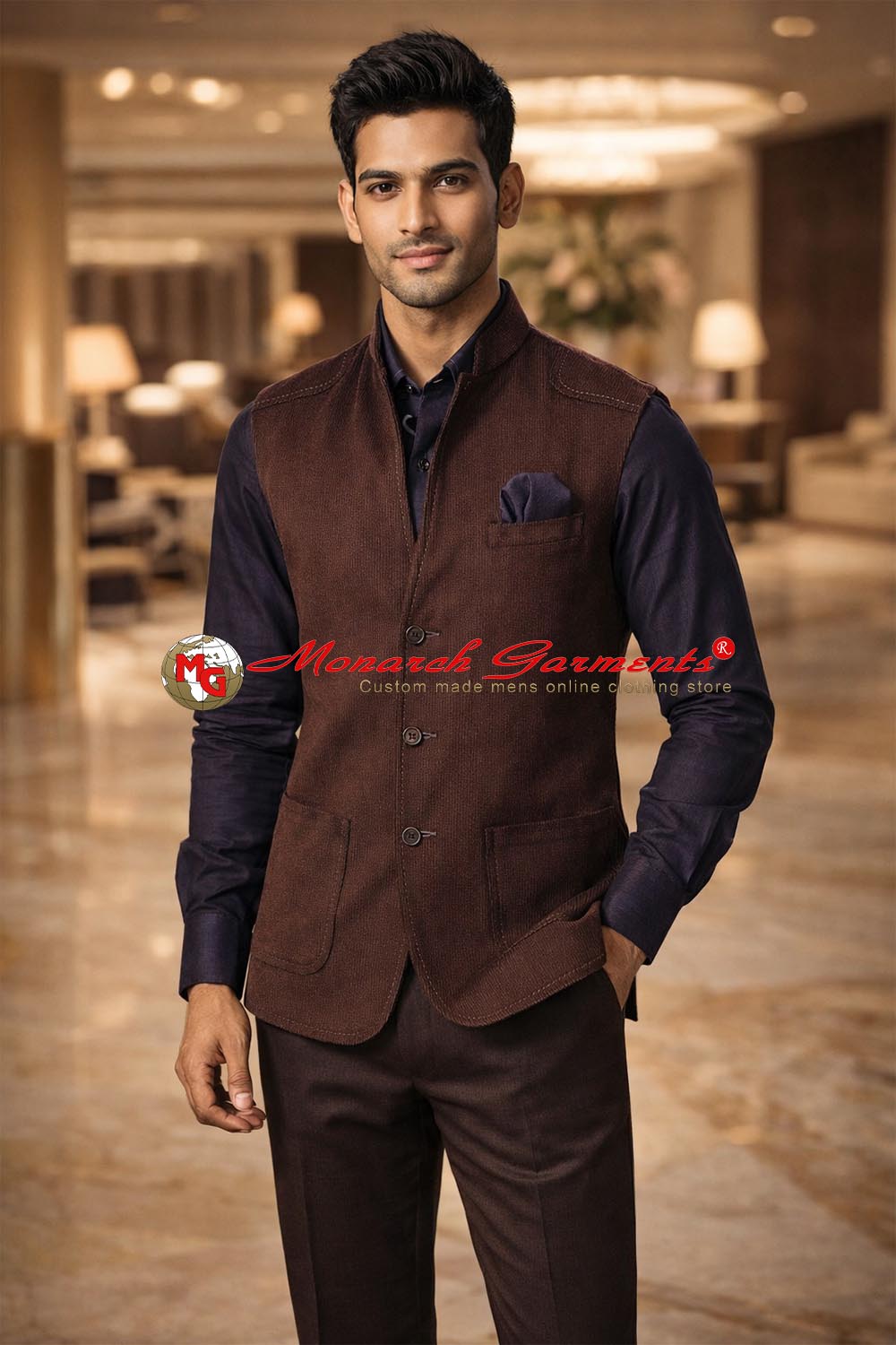 Brown linen Nehru vest for men classic tailored wedding wear India