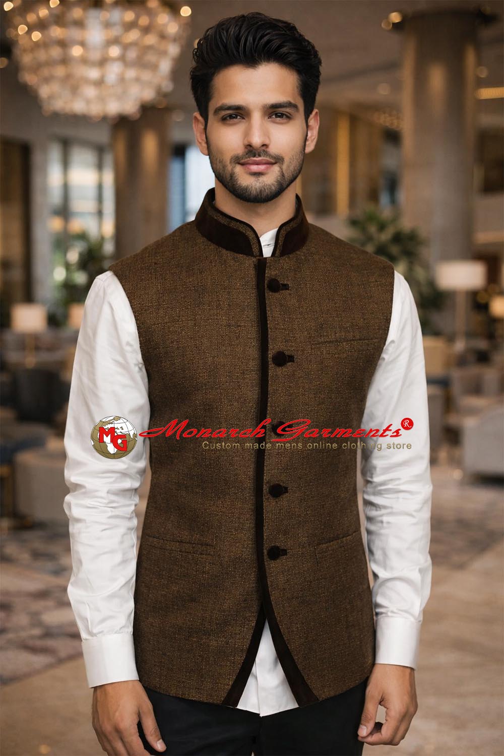 Brown linen Nehru vest with velvet trim for men wedding wear India