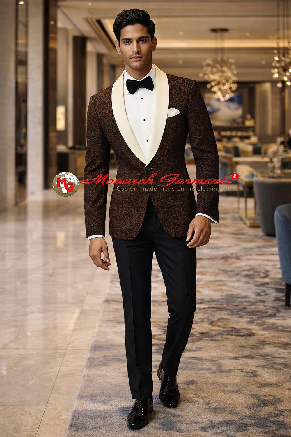 Men’s brown paisley velvet slim fit blazer with cream shawl lapel for wedding reception and luxury evening wear