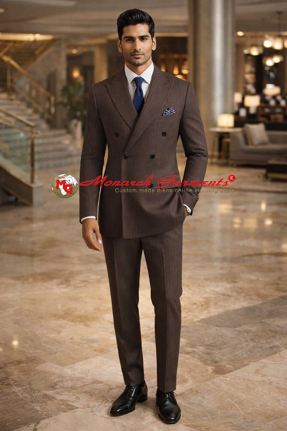 Brown pinstripe double breasted suit for men slim fit formal wear India