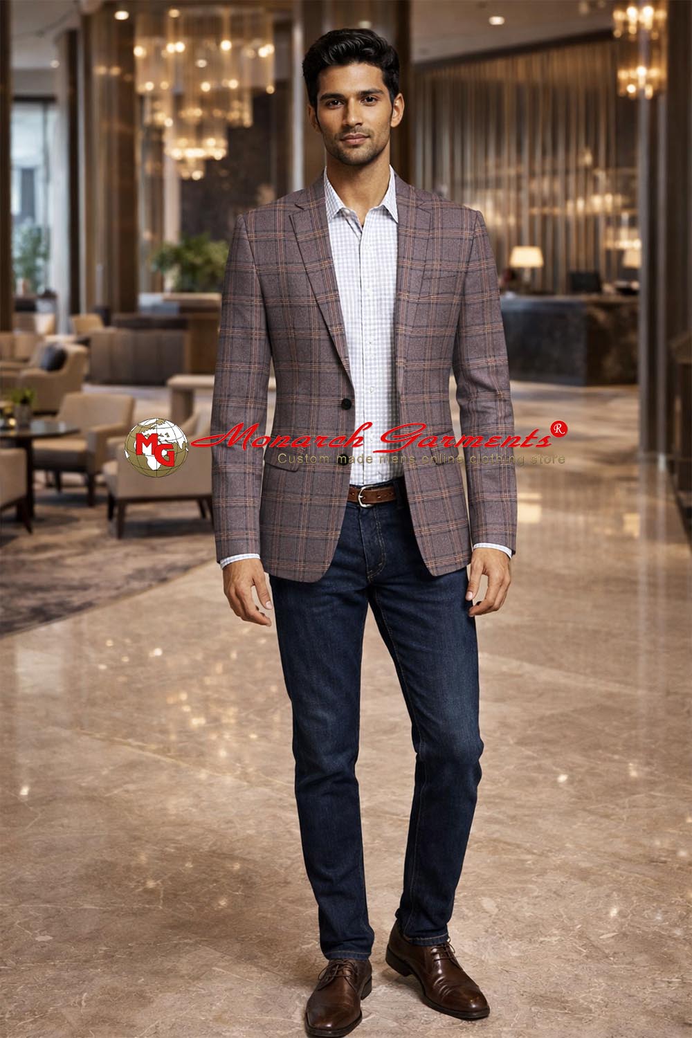 Men wearing brown plaid casual blazer with jeans for smart casual and office wear India
