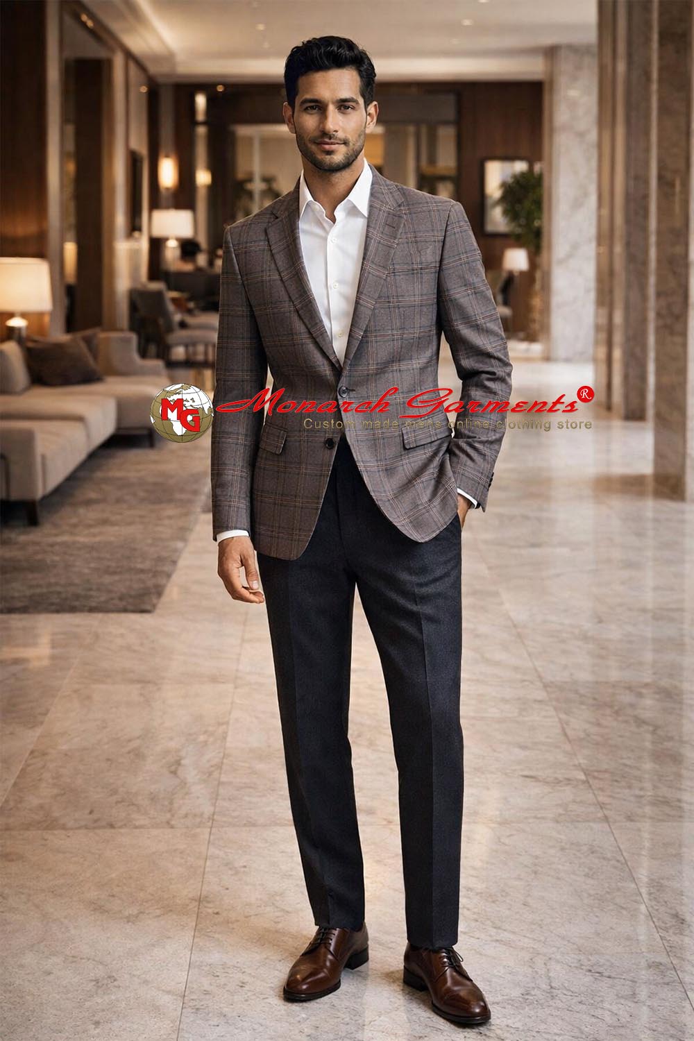 Men wearing brown plaid sport coat with white shirt and dark trousers for business casual and semi formal occasions