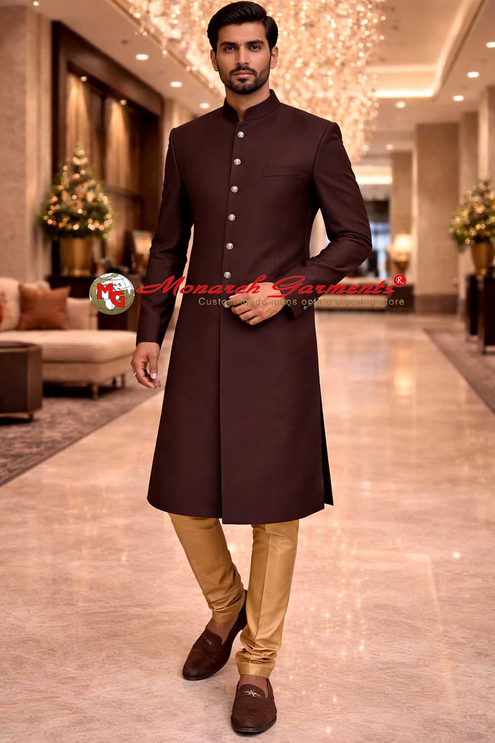 Brown polyester wedding sherwani for men with golden dupion trouser by Monarch Garments