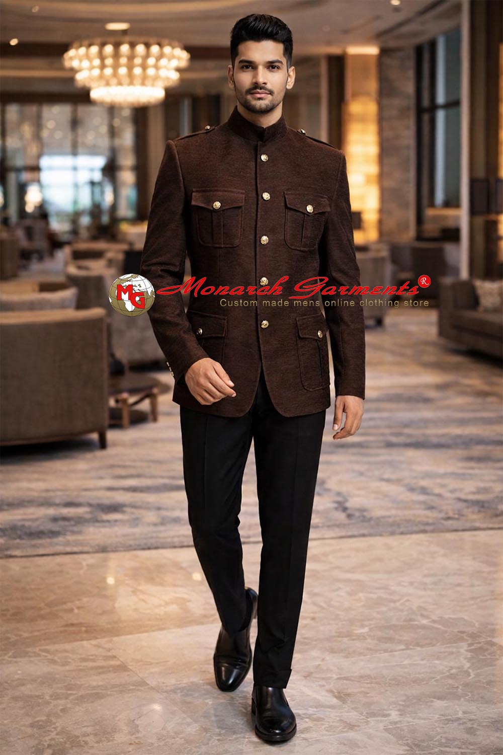 Brown safari Jodhpuri suit for men with jute velvet fabric bandhgala by Monarch Garments India