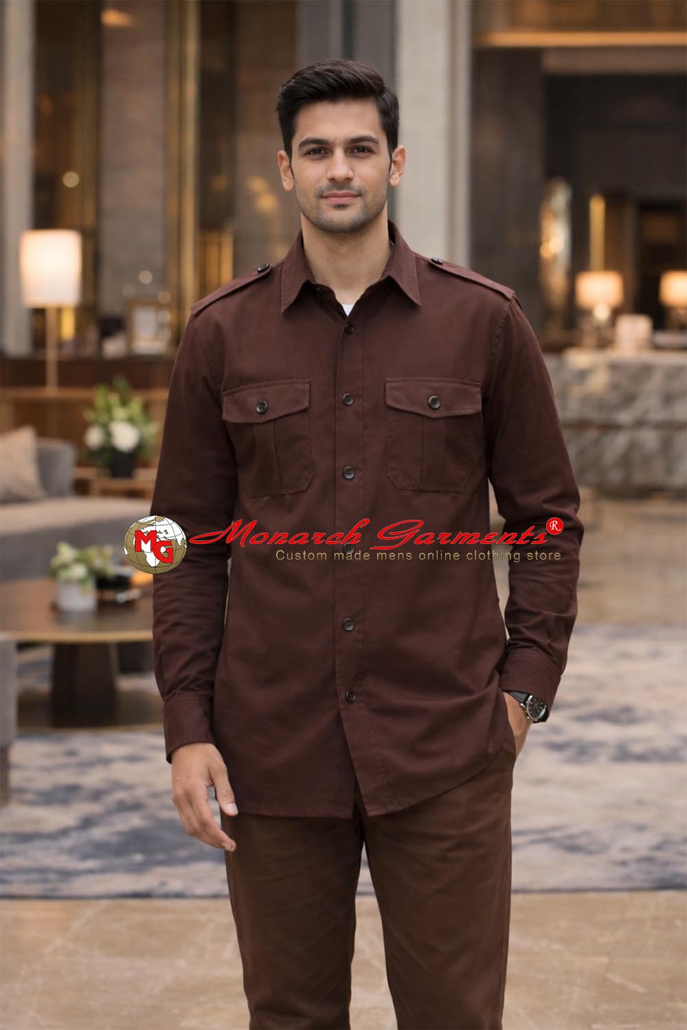 Brown safari shirt for men slim fit cotton utility style