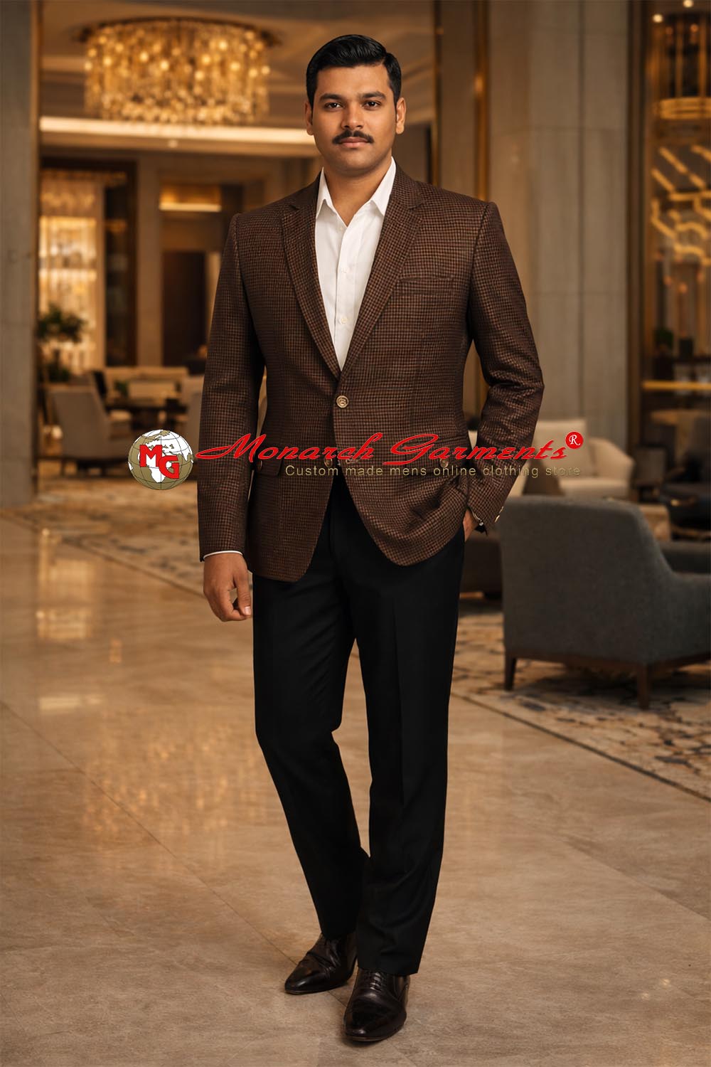 Men’s brown shepherd check slim fit blazer sport jacket in polyester viscose fabric by Monarch Garments