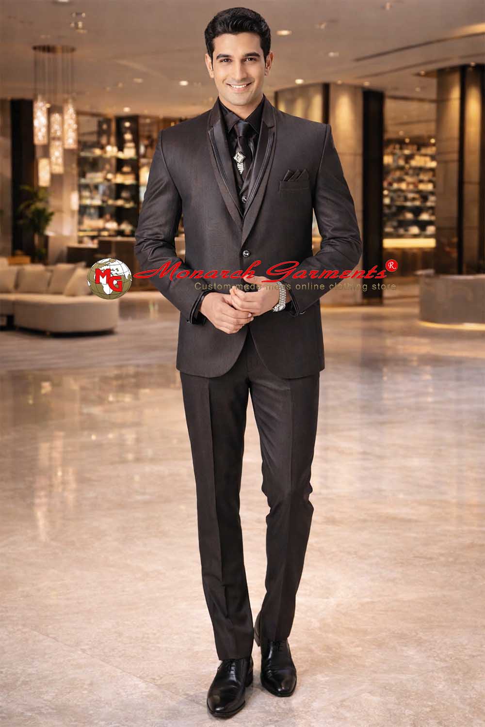 Men’s brown tuxedo suit slim fit with satin lapel wedding wear