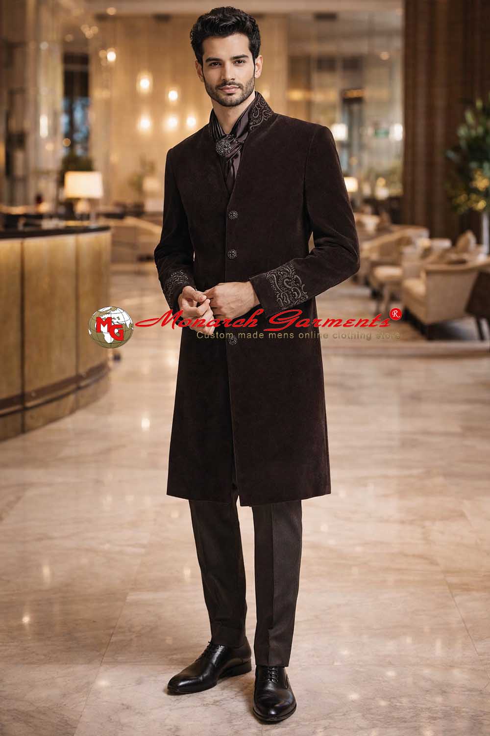 Brown velvet Indo Western suit with Nehru collar scarf and brooch for men wedding wear
