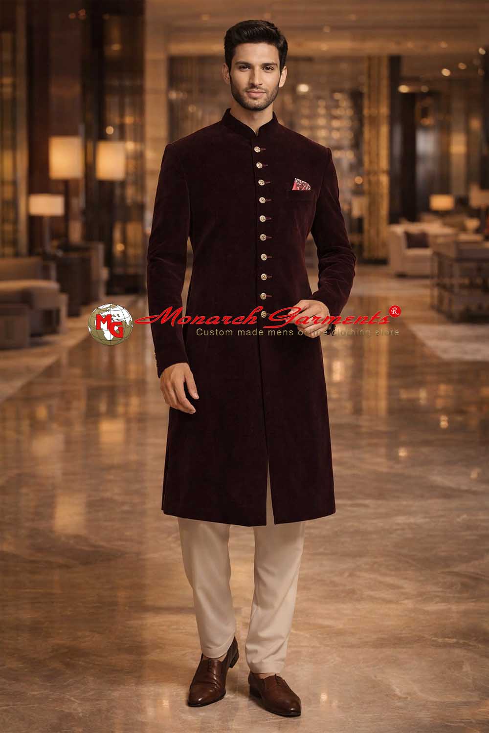 Brown velvet Indo Western suit for men with cream pajama classic wedding outfit India