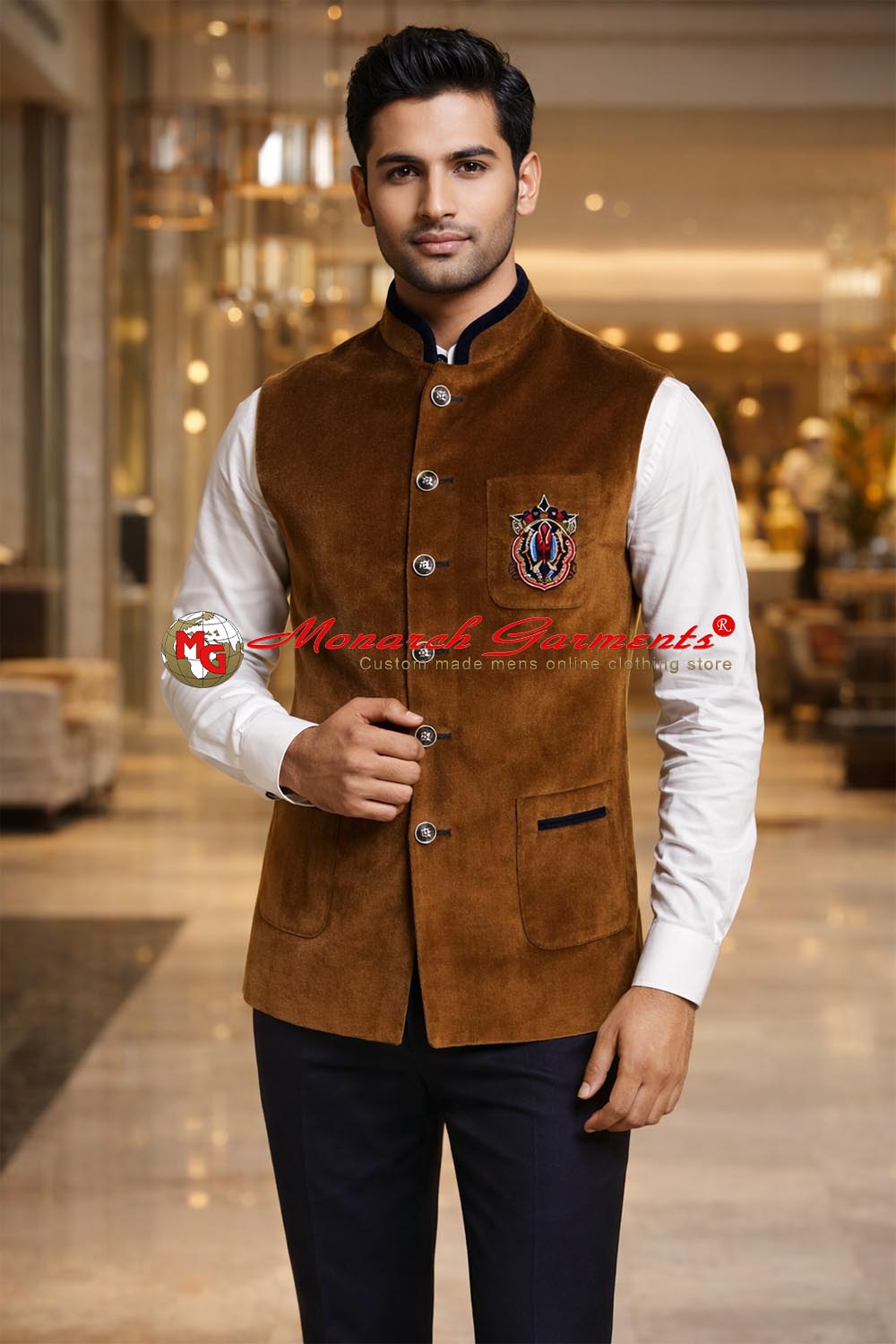 Brown velvet Nehru vest for men with embroidery tailored fit wedding wear India