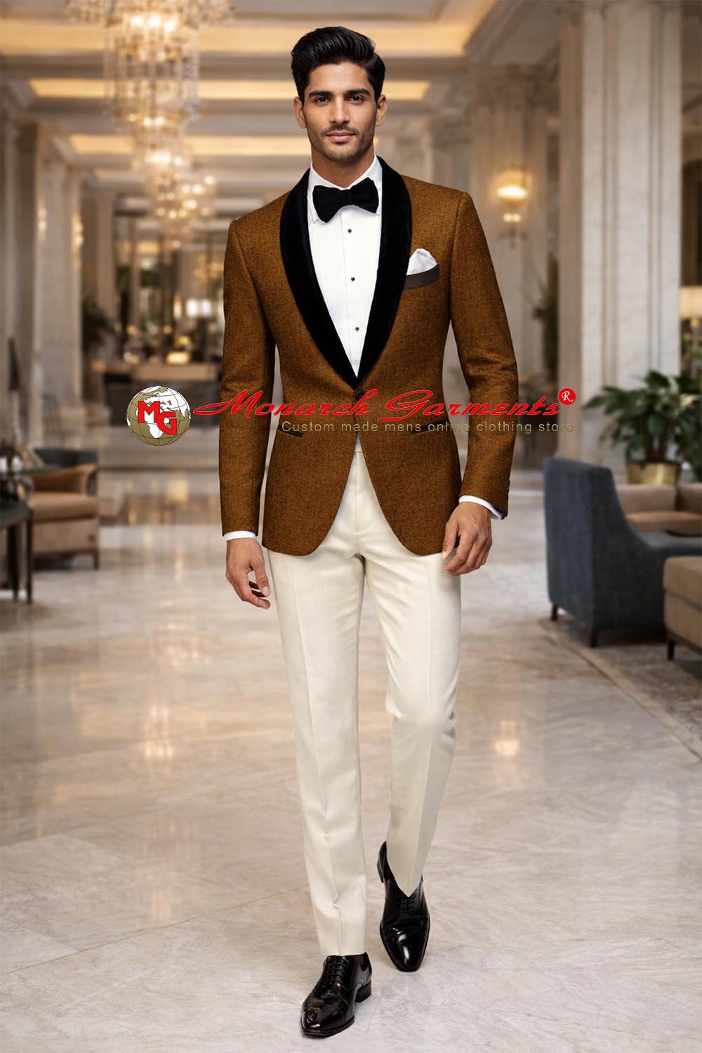 Men’s brown velvet tuxedo blazer with black satin shawl lapel for wedding reception by Monarch Garments