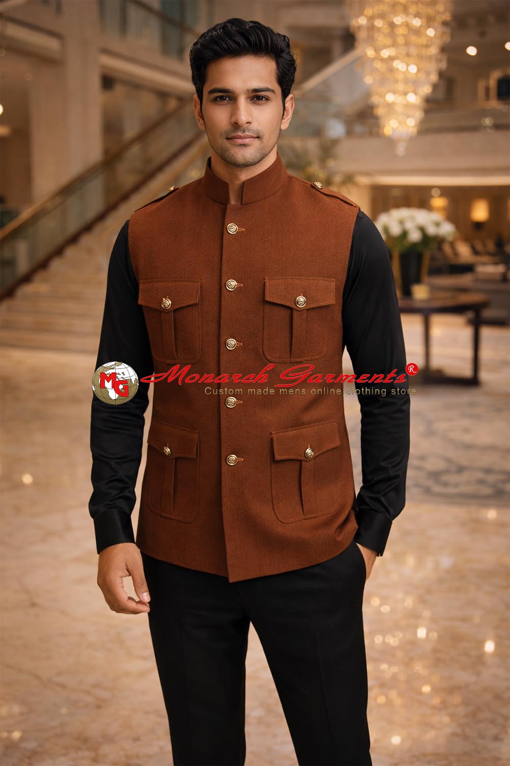 Brown wool safari Nehru vest for men tailored fit utility waistcoat for winter weddings and formal events