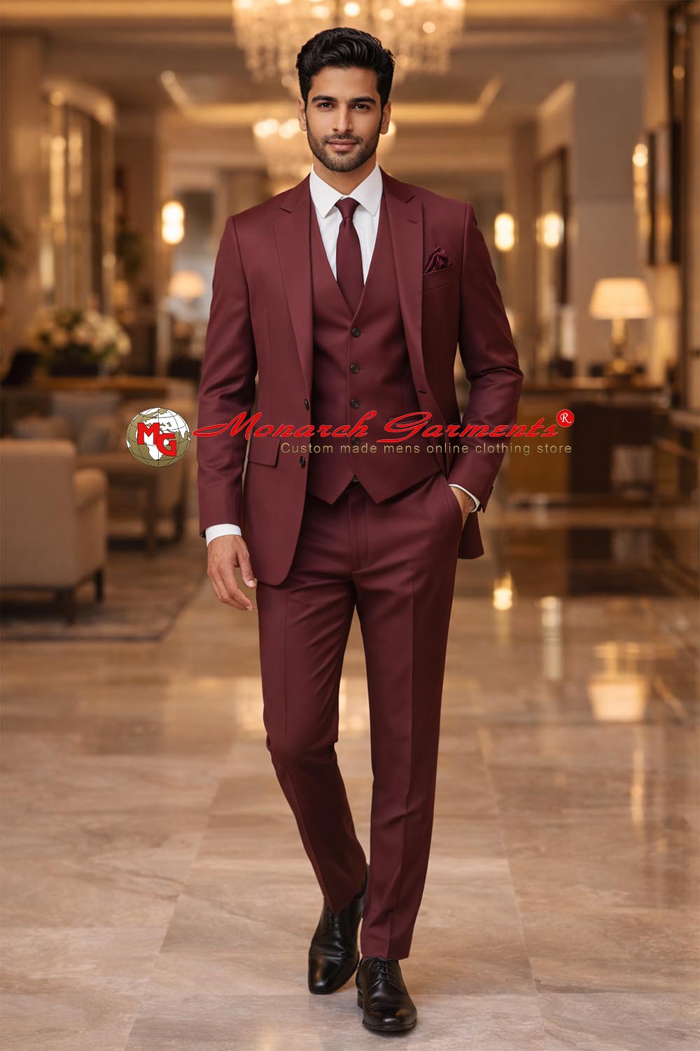 Burgundy 3 piece suit for men slim fit with blazer vest and trousers for wedding wear India