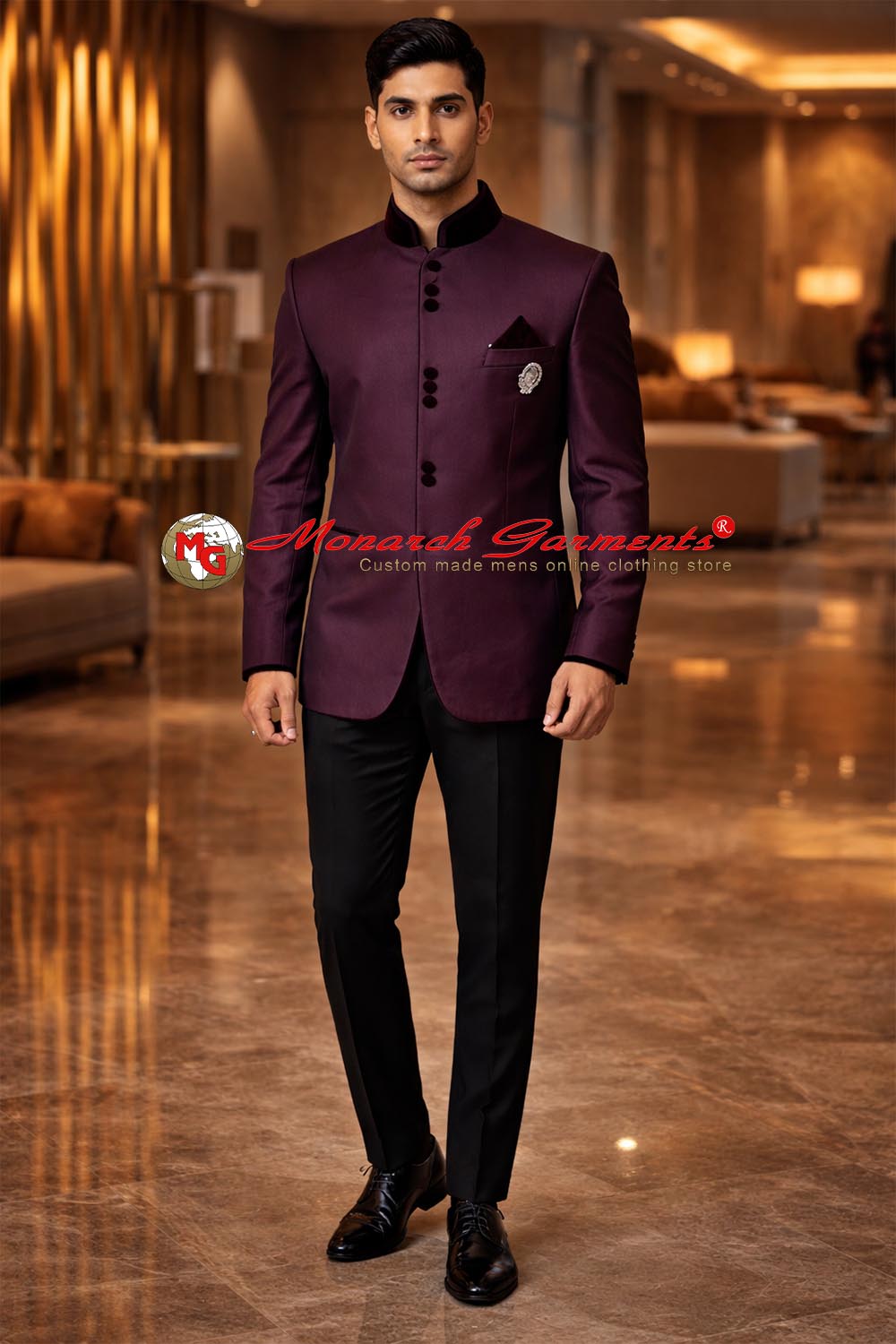 Men’s burgundy Bandhgala jacket with velvet collar luxury Indo-Western wedding outfit by Monarch Garments