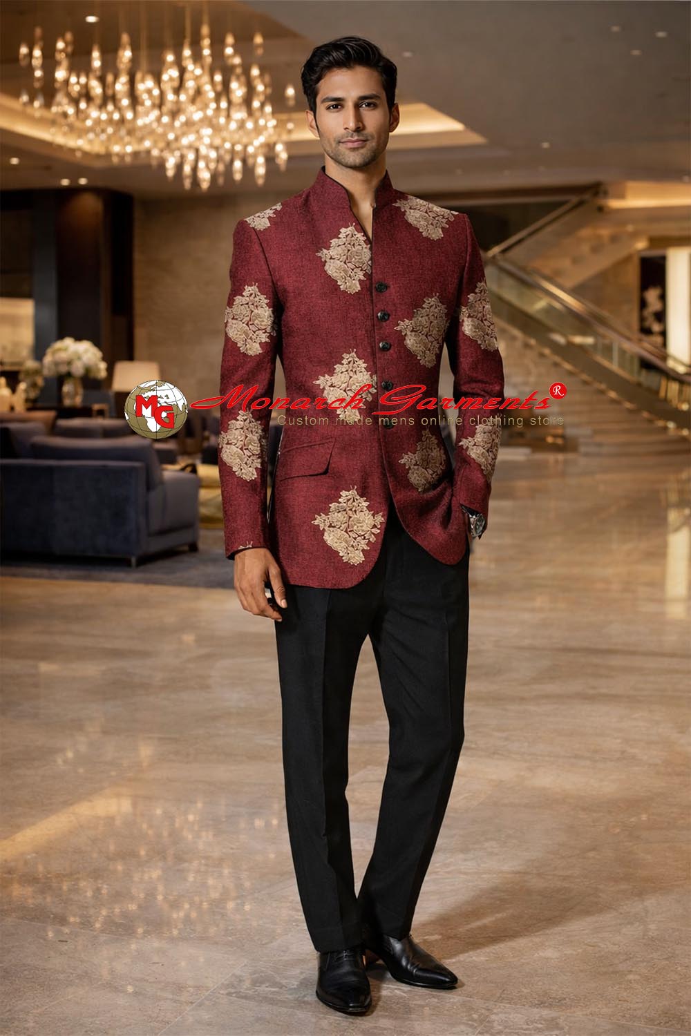 Burgundy embroidered groom Jodhpuri suit with black trousers by Monarch Garments