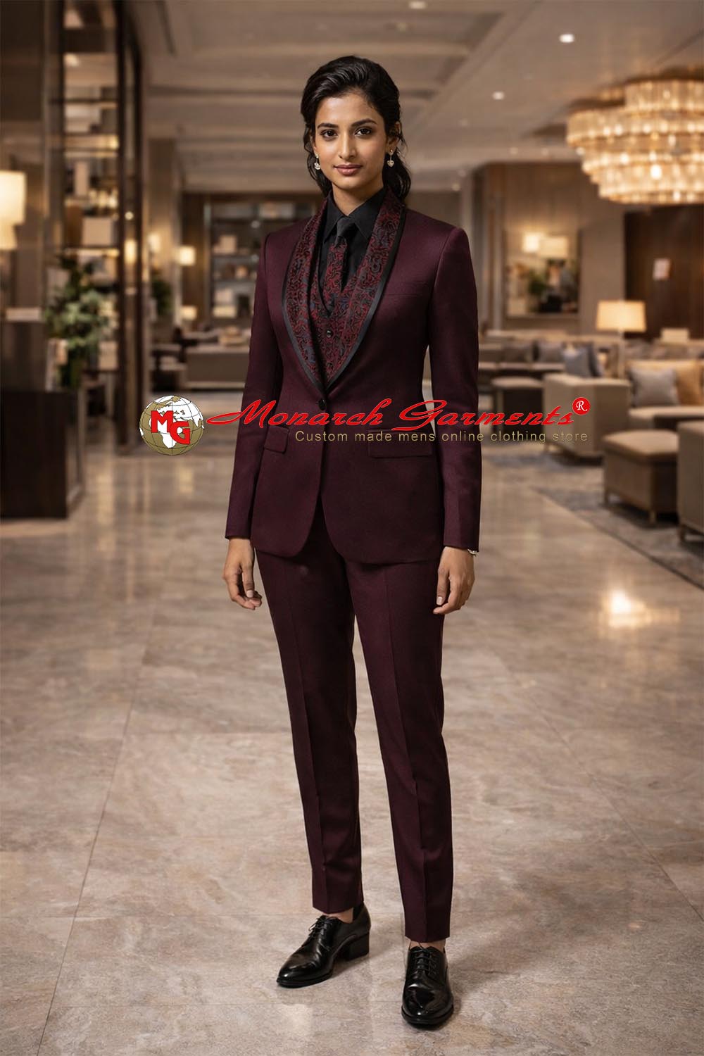 Burgundy embroidered 3 piece suit for women slim fit formal suit for wedding and luxury events in India