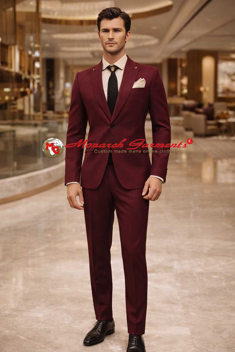 Burgundy tuxedo suit for men slim fit wedding and reception wear India