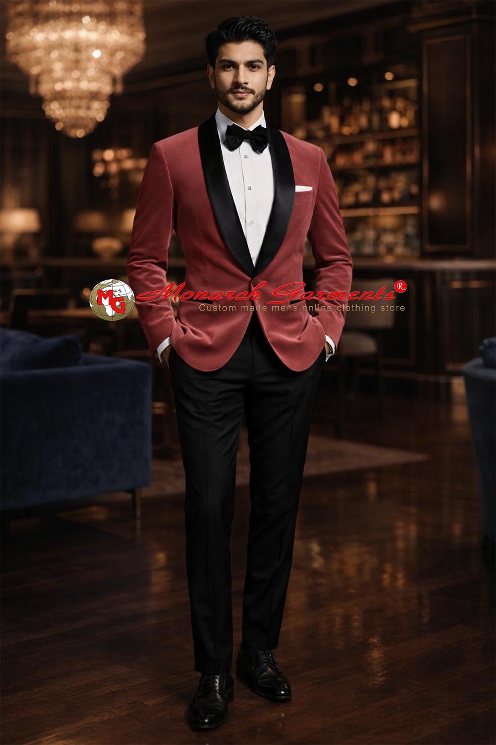 Burgundy velvet slim fit blazer with black satin shawl lapel for men by Monarch Garments