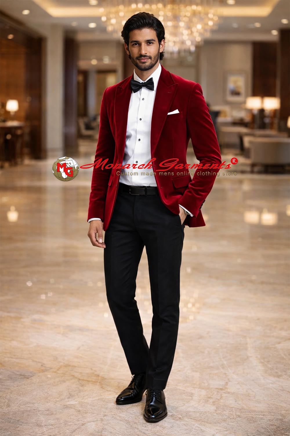 Men wearing burgundy velvet tuxedo jacket with bow tie for wedding and formal events in India