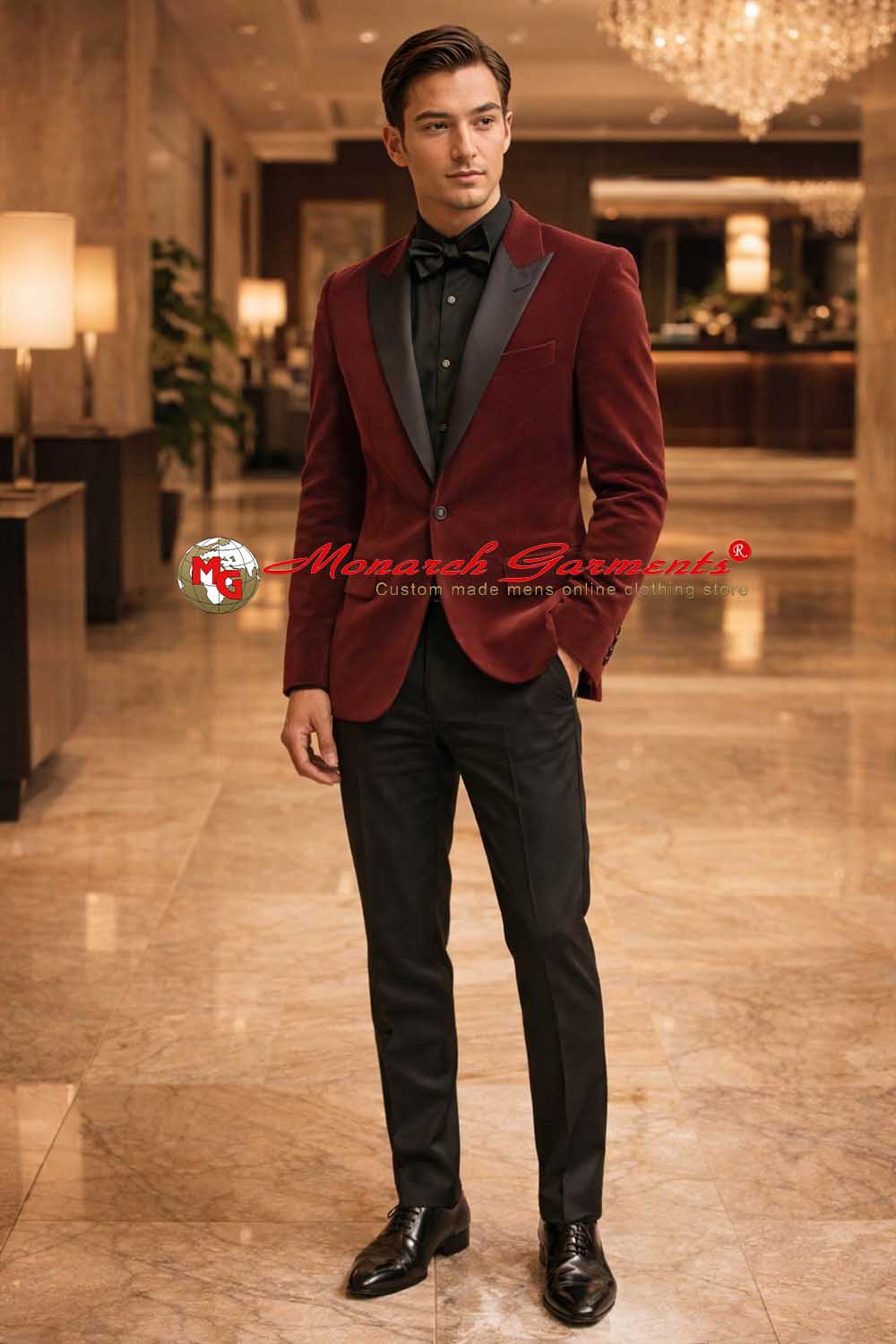 Burgundy velvet tuxedo suit for men with black peak lapel slim fit wedding wear India