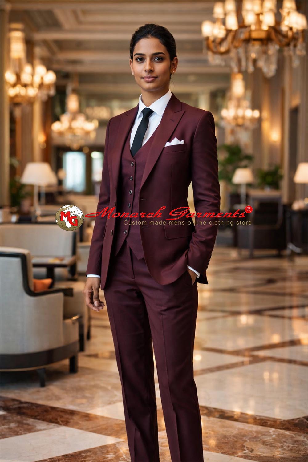 Burgundy 3 piece slim fit formal suit for women with blazer waistcoat and tailored trousers