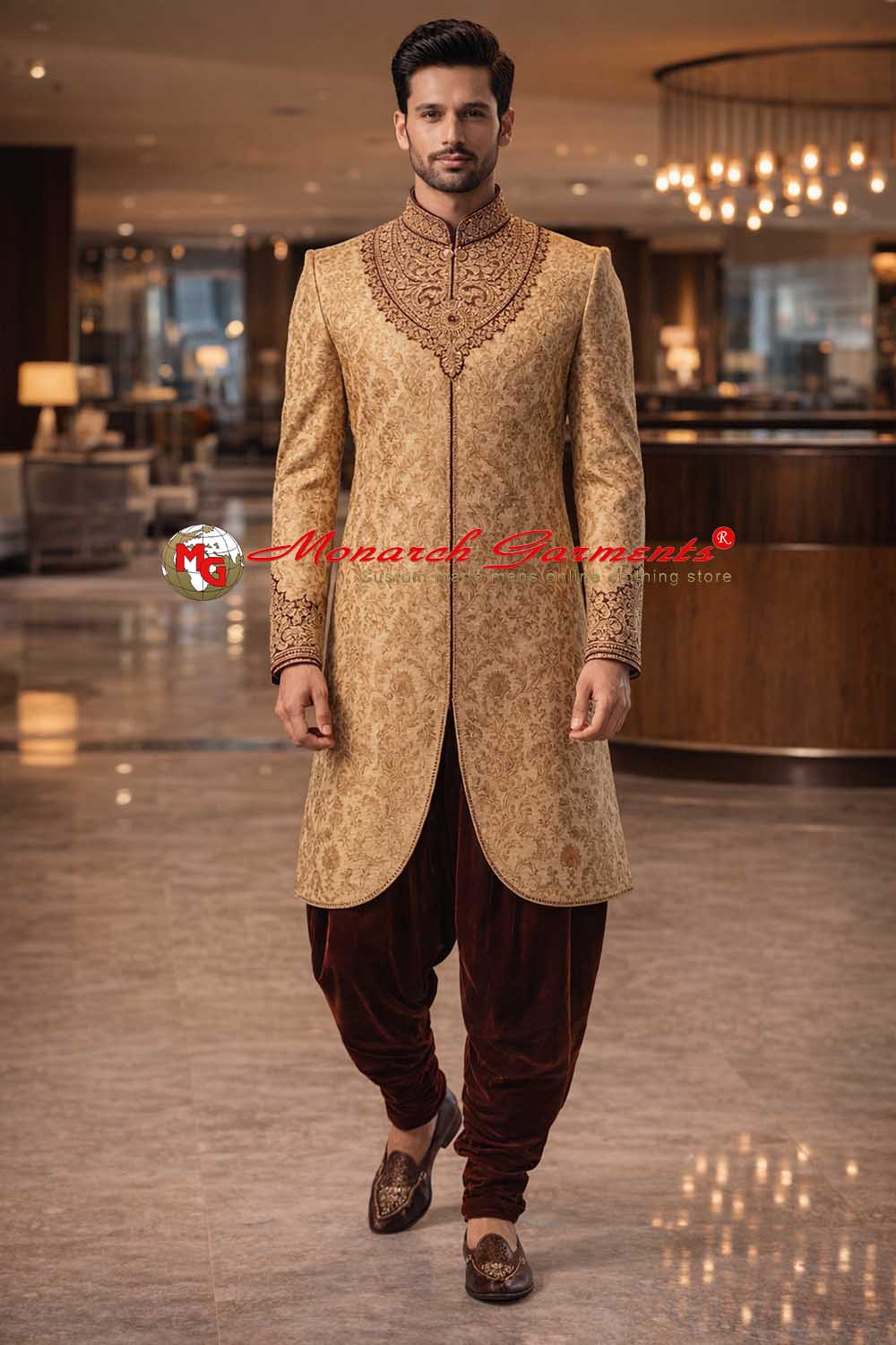 Burlywood embroidered Indo Western suit for men with maroon velvet Peshawari salwar wedding outfit