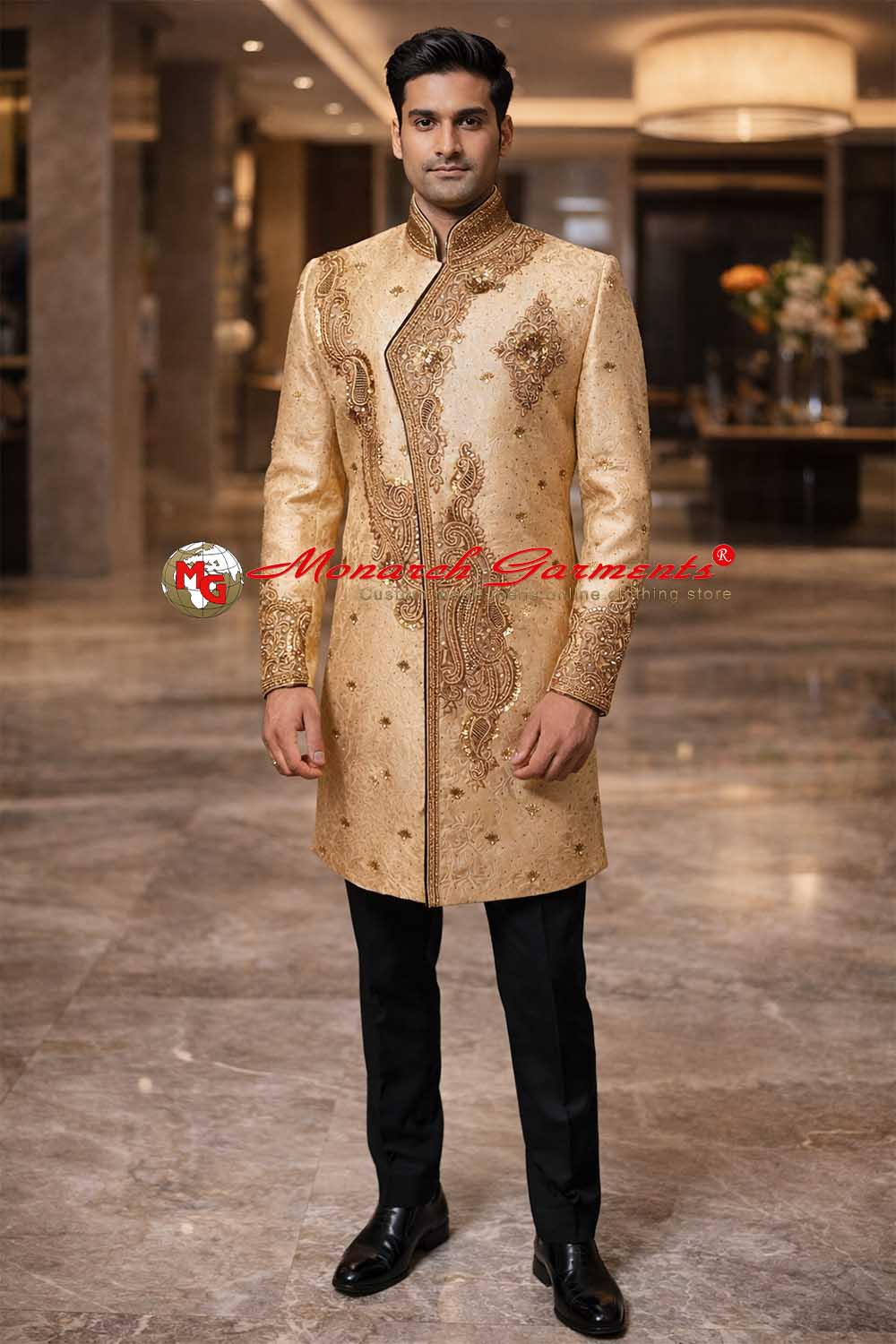 Burlywood embroidered sherwani for men in brocade fabric with black trouser wedding wear