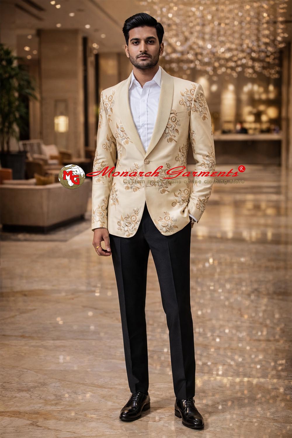 Men wearing burlywood embroidered wedding blazer for reception and festive occasions India