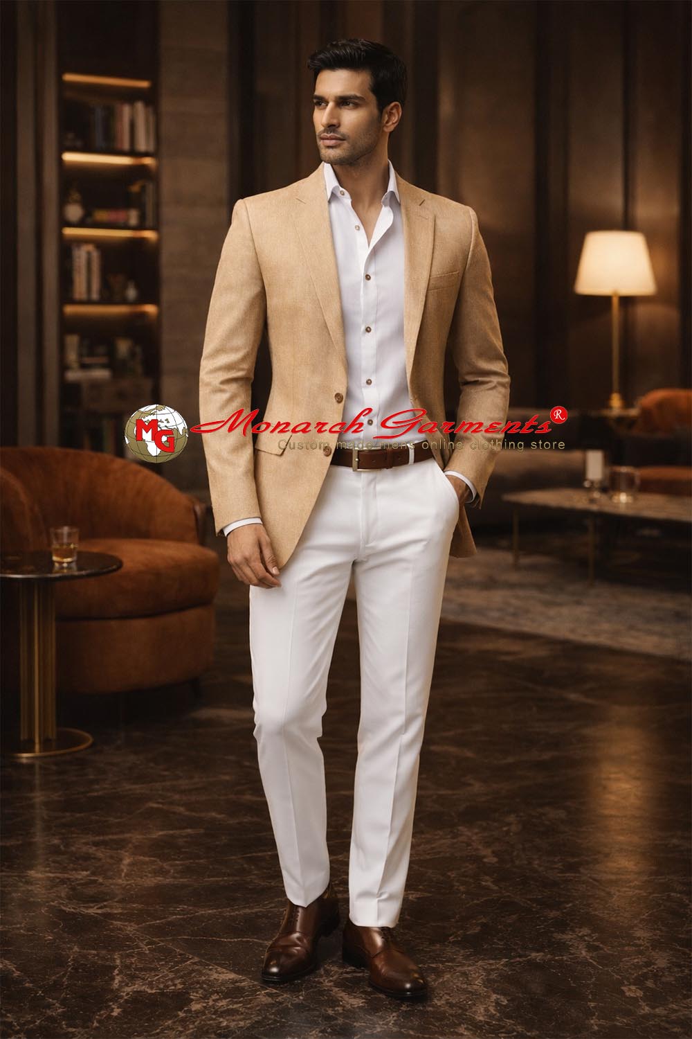 Burlywood linen two button slim fit casual blazer for men by Monarch Garments