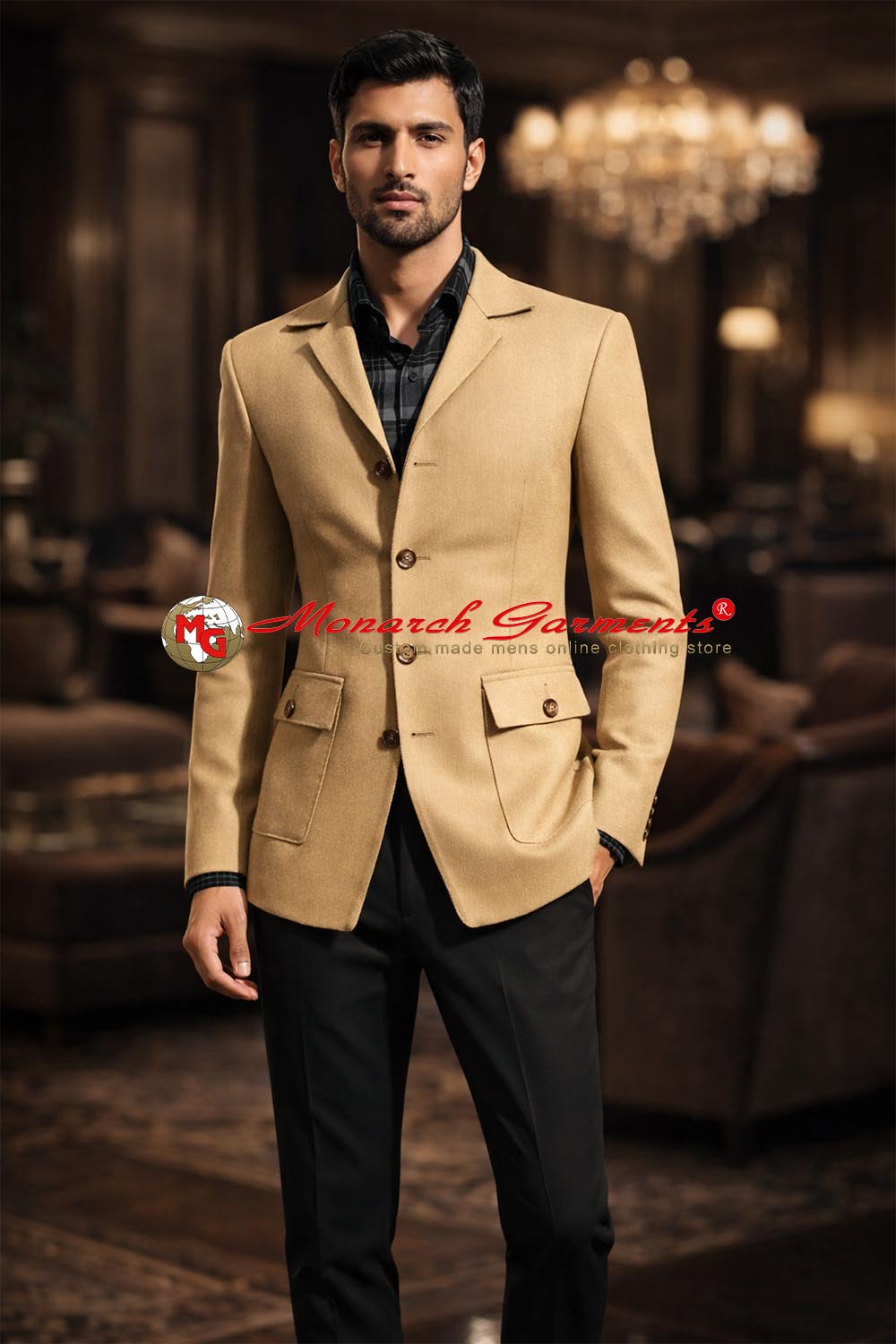 Men's burlywood safari collar four button wool blazer by Monarch Garments