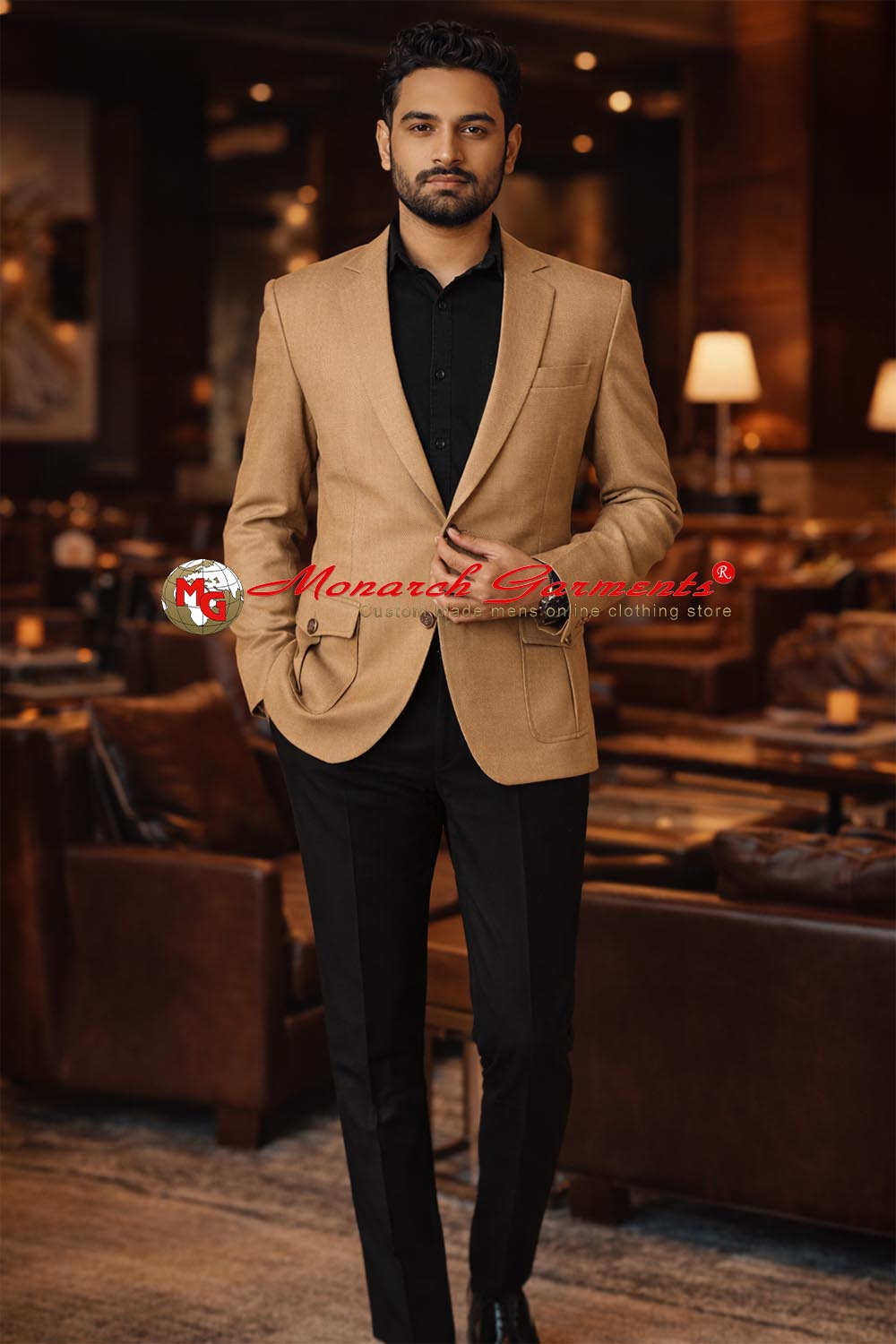Men's burlywood safari style two button notch lapel blazer by Monarch Garments