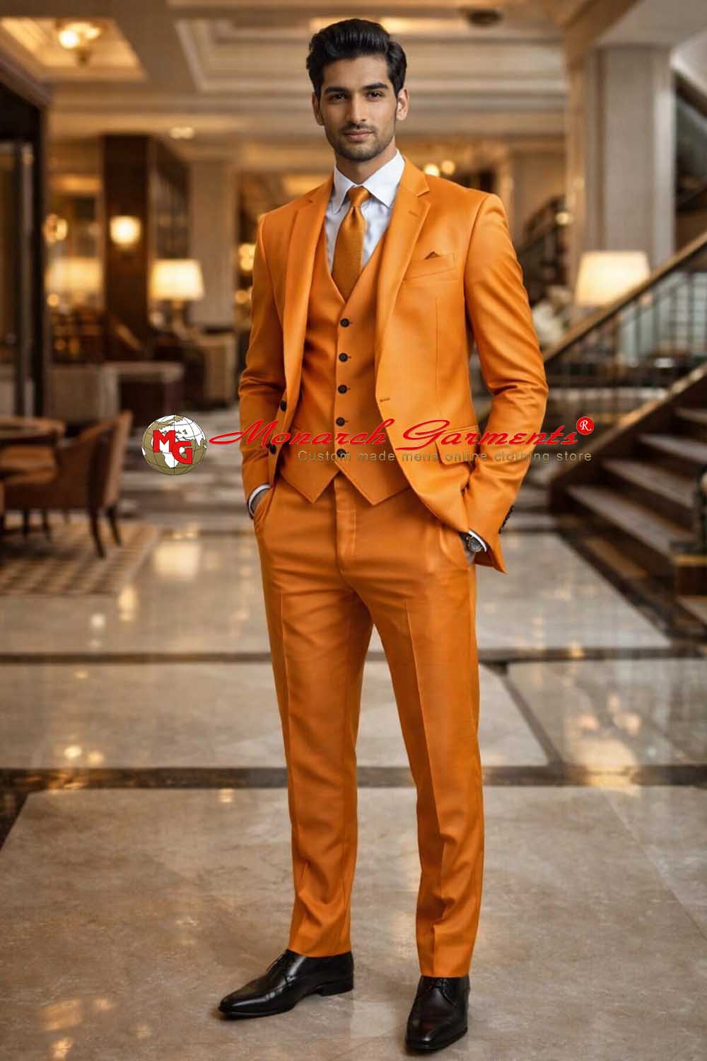 Burnt orange 3 piece suit for men slim fit wedding party wear India