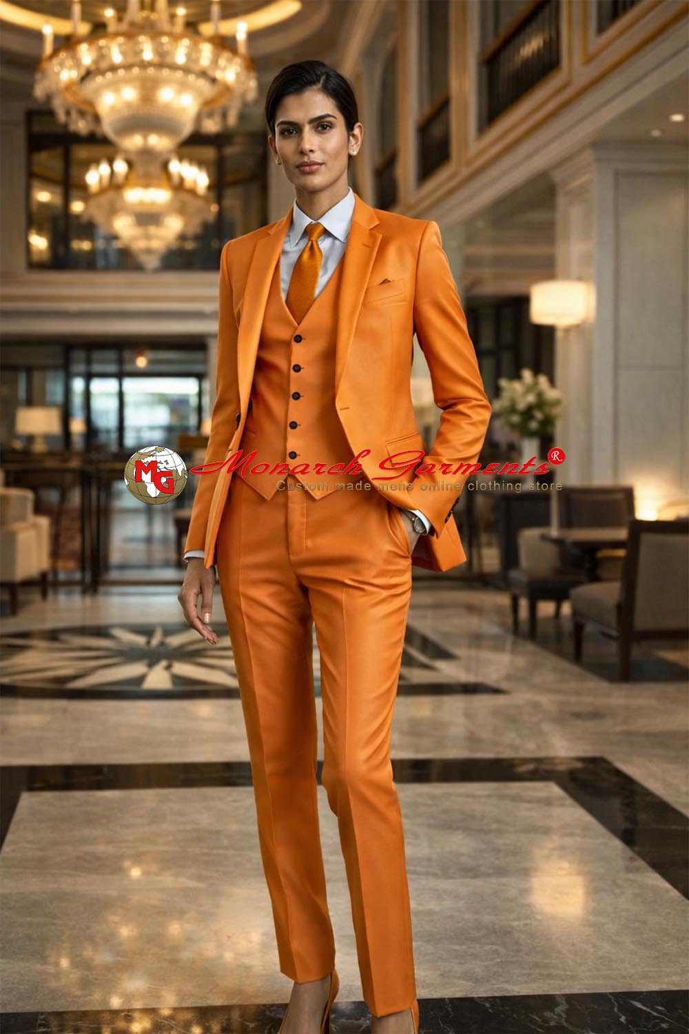 Burnt orange 3 piece slim fit formal suit for women with blazer waistcoat and tailored trousers