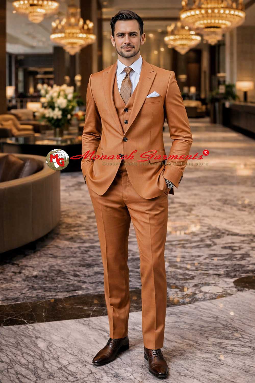 Burnt sand 3 piece suit for men slim fit with blazer vest and trousers for wedding wear India