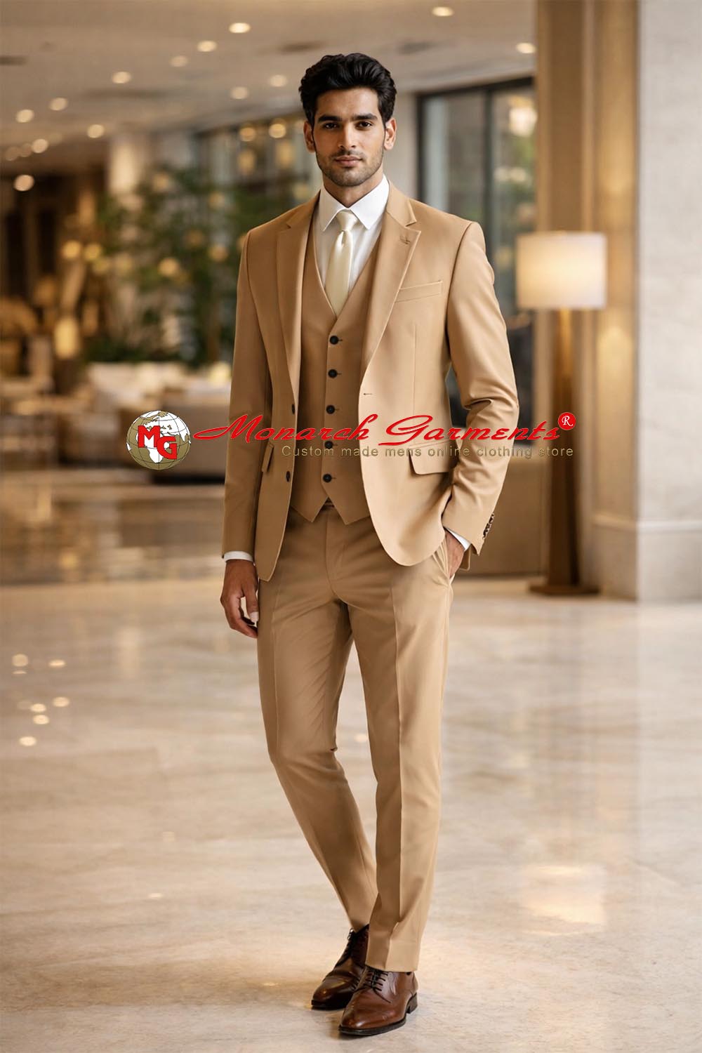 Camel 3 piece suit for men slim fit with blazer vest and trousers for wedding and formal wear India