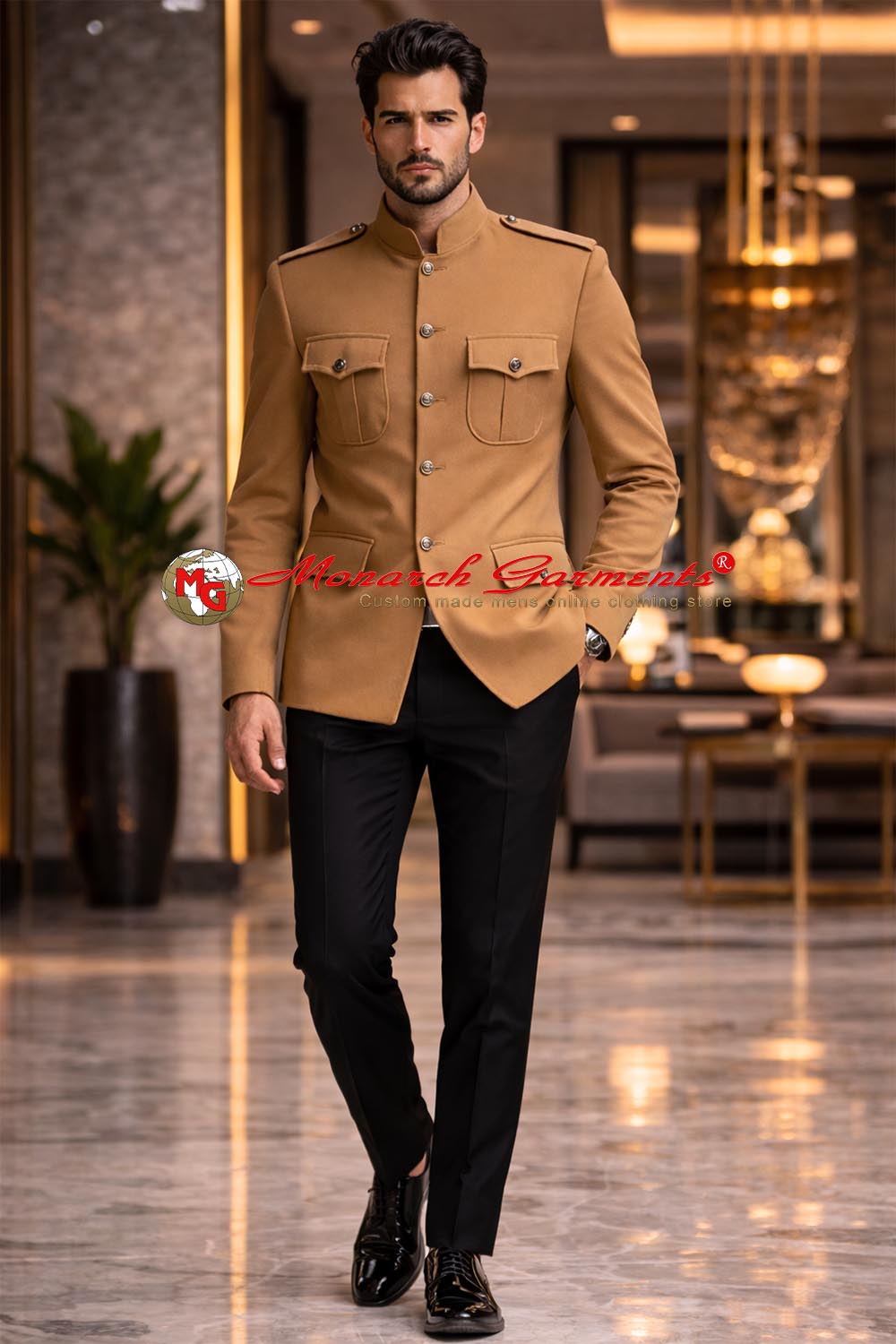 Camel brown safari style bandhgala jacket for men by Monarch Garments – designer luxury formal menswear