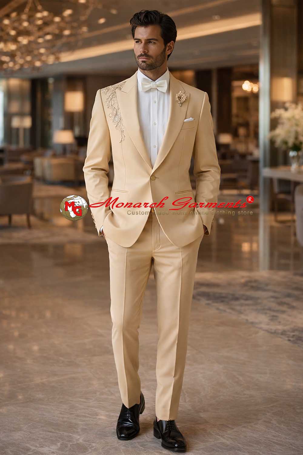 Camel tan embroidered suit for men slim fit wedding wear India