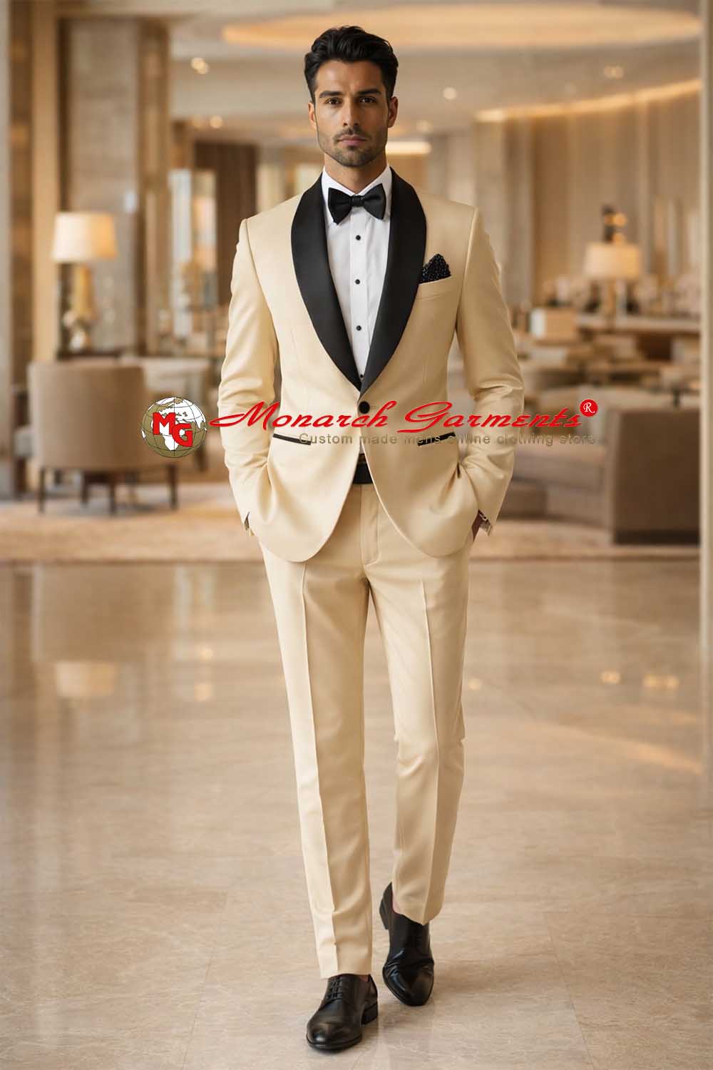 Camel tuxedo suit for men with black satin shawl lapel slim fit wedding wear India