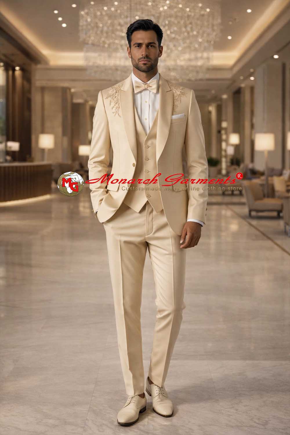 Caramel beige embroidered tuxedo suit for men slim fit wedding wear India