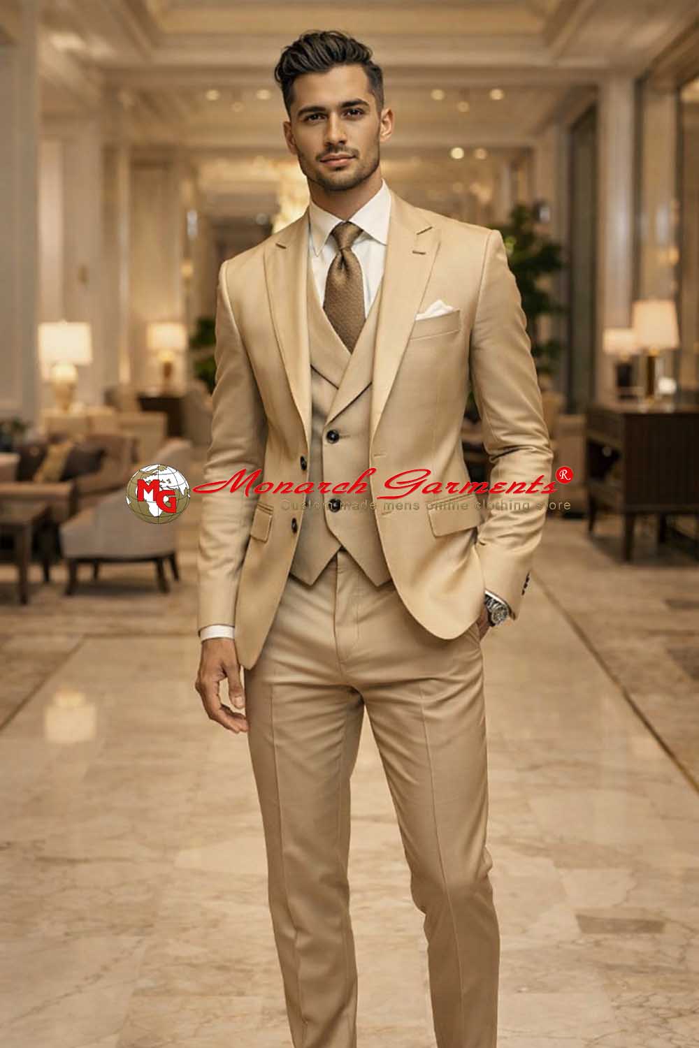 Champagne 3 piece suit for men slim fit with blazer vest and trousers for wedding wear India